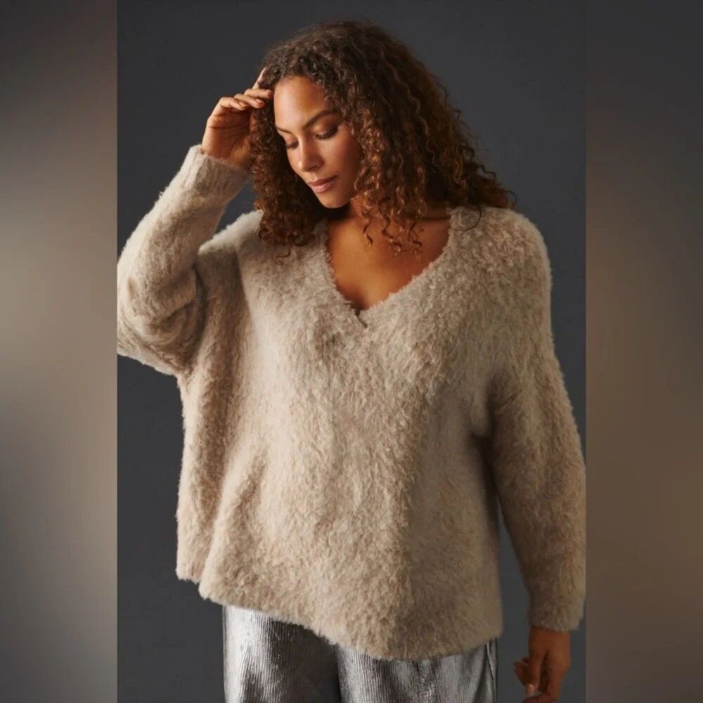 Maeve Anthropologie Plush Sweater Bouclé Merino Wool Taupe V Neck Women sz XL